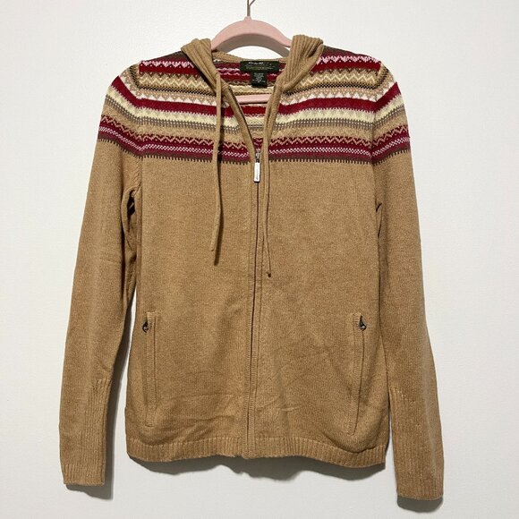 Eddie Bauer Womens Zip Up Fair Isle Hooded Sweater M Angora Tan Nordic Cabincore - Picture 1 of 8